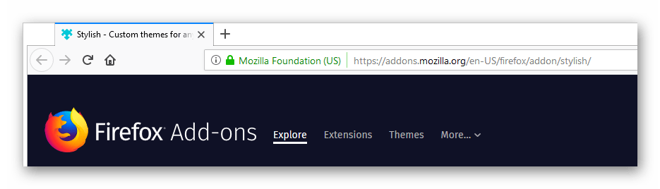 Переход к странице расширения Stylish в Mozilla Firefox.