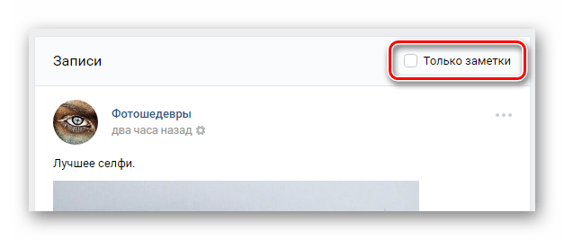 Protsess ispolzovaniya punkta Tolko zametki v razdele Zakladki na sayte VKontakte