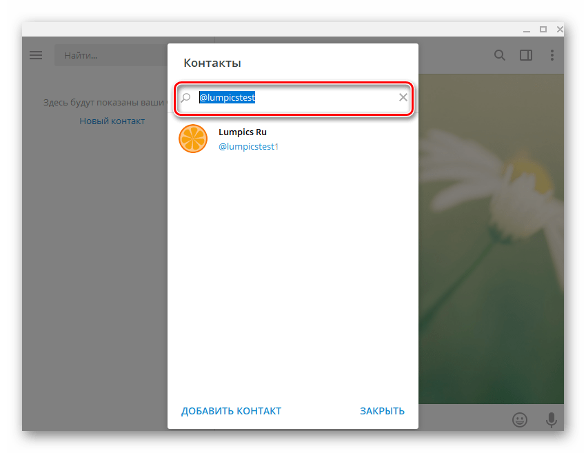 Telegram для ПК поиск контактов по имени пользователя в сервисе