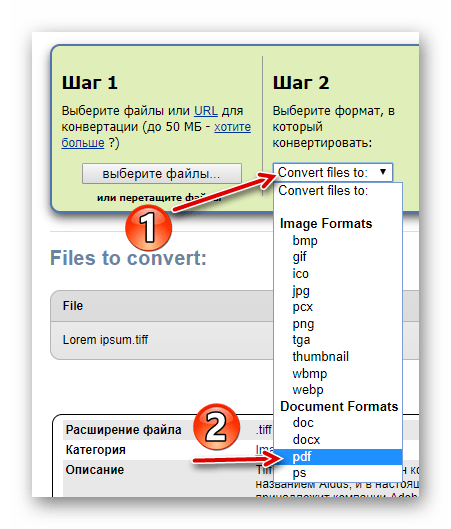 Выбор целевого формата для конвертирования TIFF-файла в ZamZar