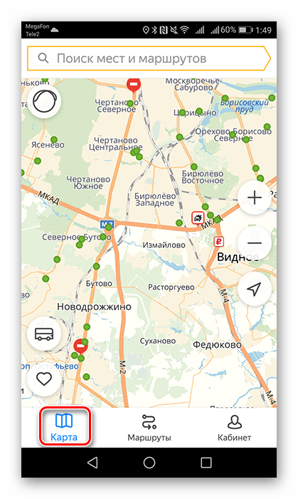 Нажатие на кнопку Карта в приложении Яндекс.Транспорт