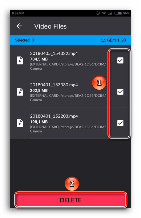 Несколько выбранных файлов, которые будут удалены в SD Card Cleaner