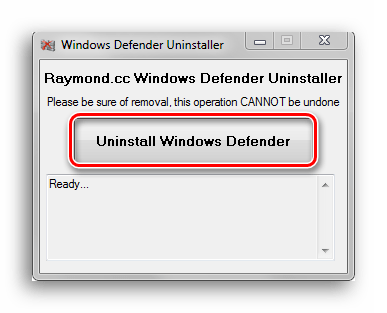 Окно программы Windows Defender Uninstaller с кнопкой удаления Защитника