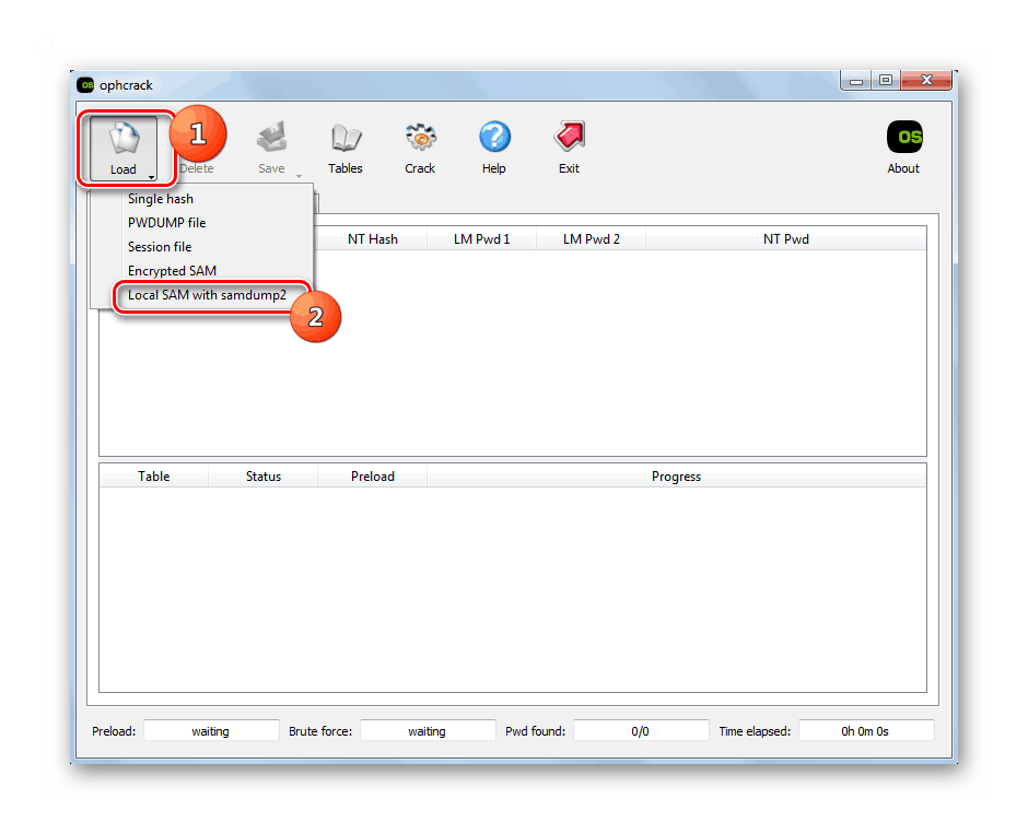 Переход к поиску учетных записей в системе в программе Ophcrack в Windows 7