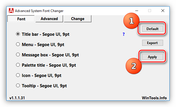 Сброс настроек системных шрифтов в программе Advanced System Font Changer