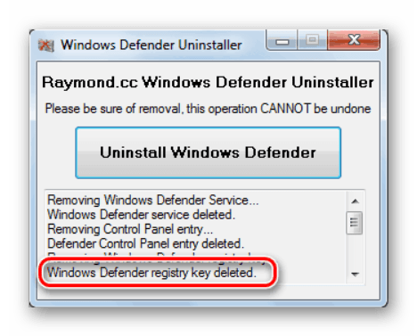 Soobshhenie ob uspeshnom udalenie klyuchey Zashhitnika Vindovs v sistemnom reestre pri pomoshhi Windows Defender Uninstaller
