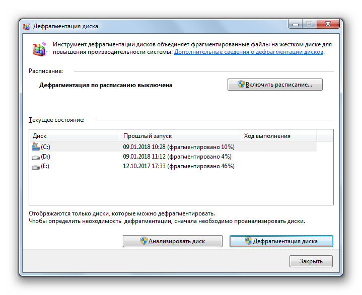 Встроенный инструмент дефрагментации жесткого диска в Windows 7