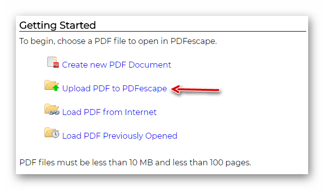 Загрузка PDF-документа в онлайн-сервис PDFescape