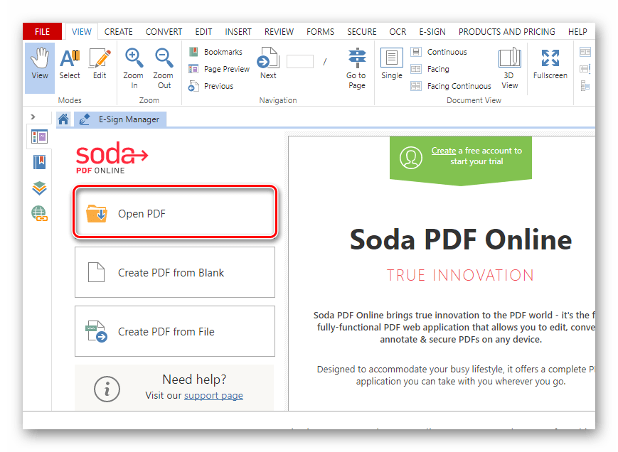 Загрузка PDF-документа в онлайн-сервис Soda PDF Online