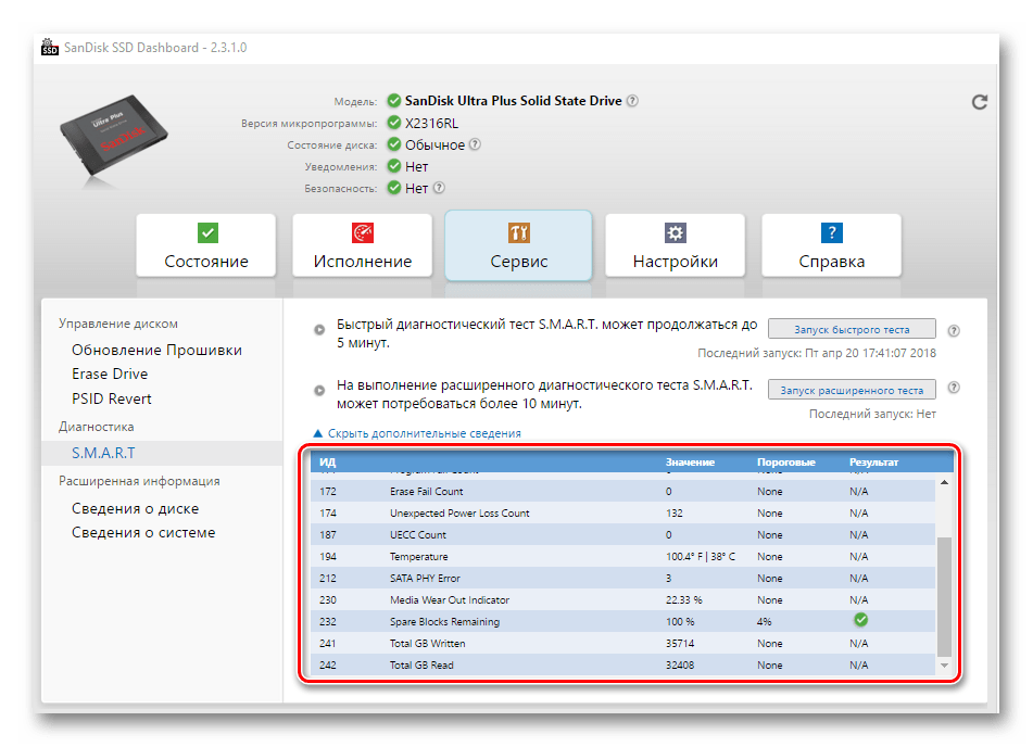 смарт диска в SanDisk SSD Dashboard