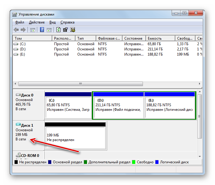 Диск проинициализирован в окне управления дисками в Windows 7