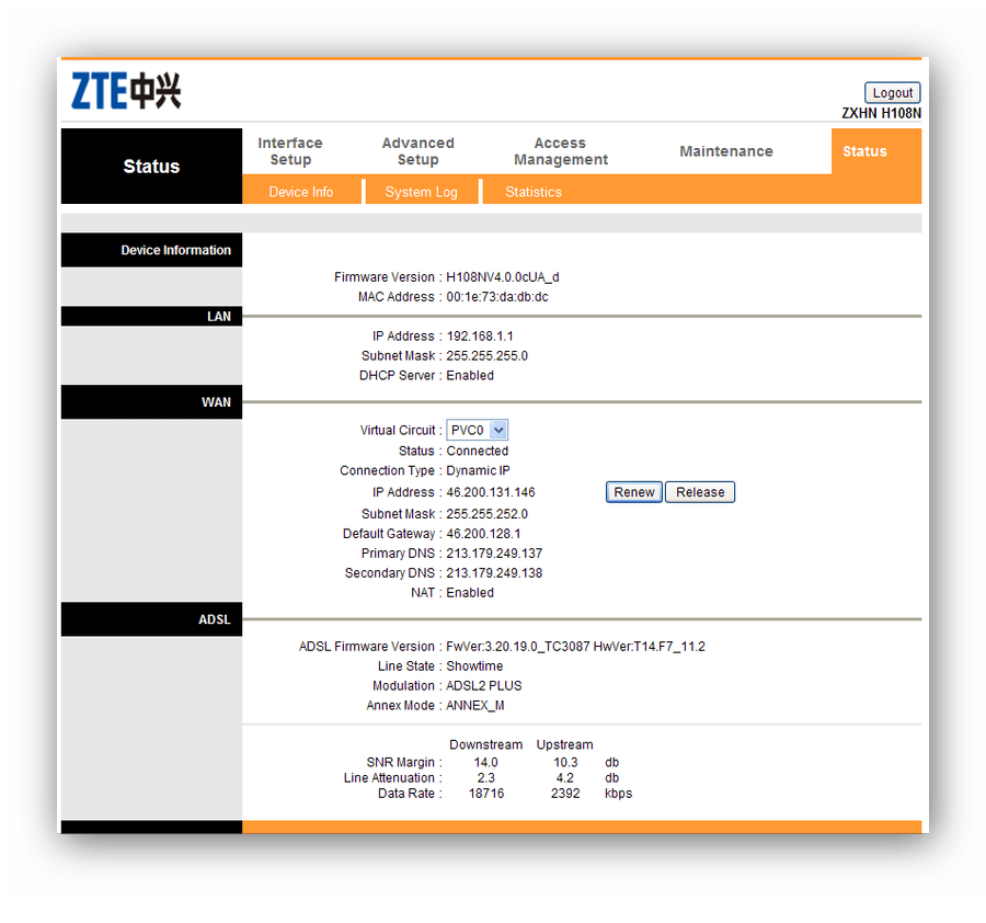 Главное меню веб-интерфейса модема ZXHN H108N V2.5