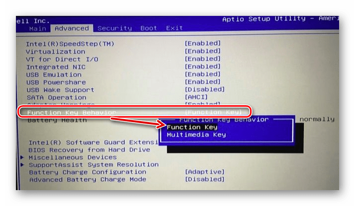 Izmenenie rezhima funktsionalnyih klavish v Dell BIOS