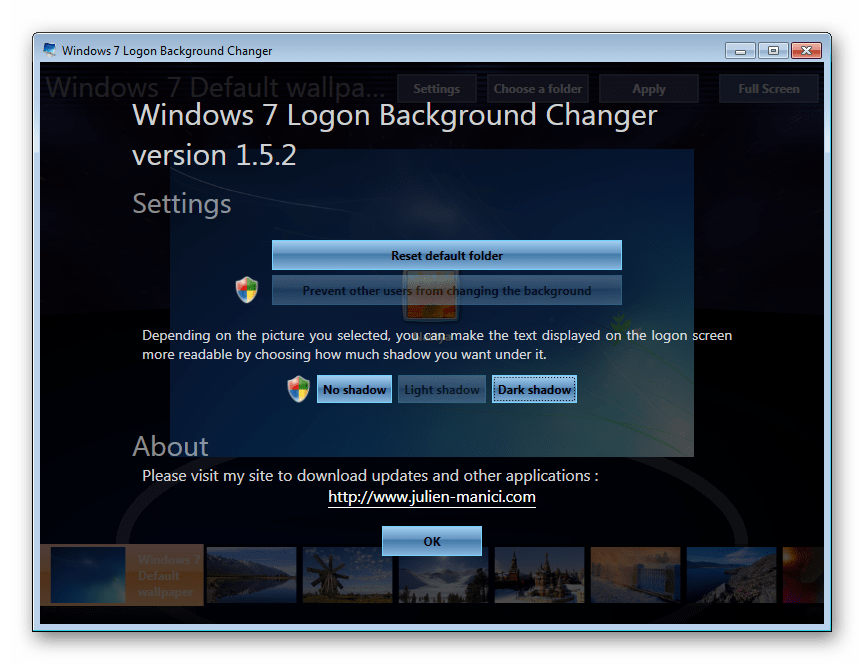 Настройки в программе Windows 7 Logon Background Changer