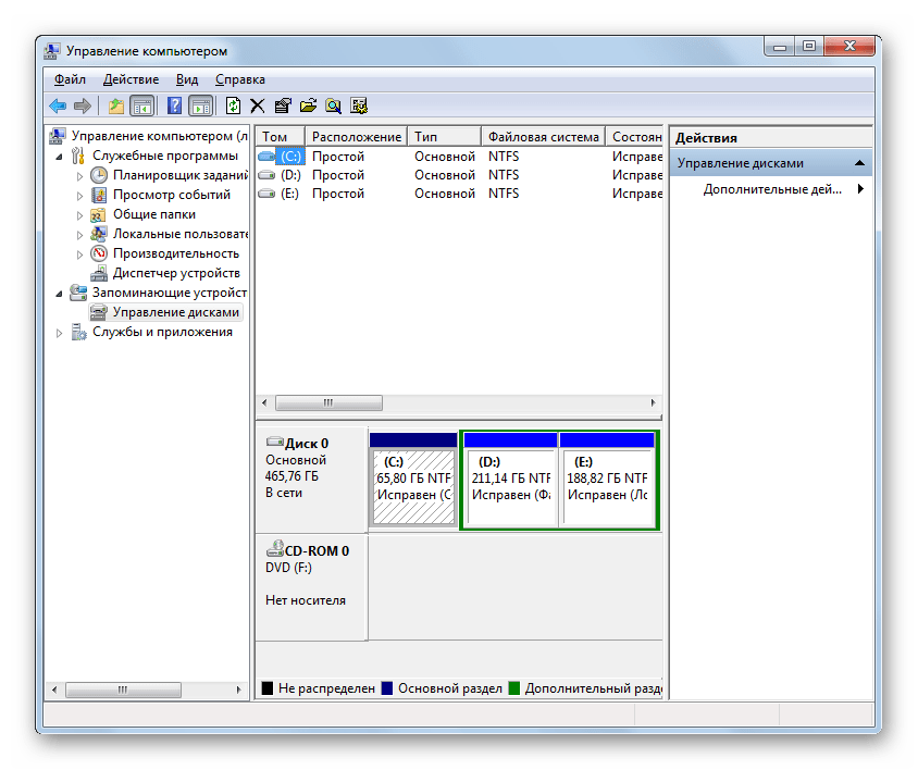 Окно утилиты Управление дисками в Windows 7