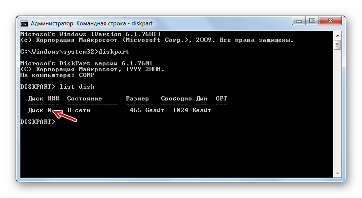 Перечень жестких дисков отображаемый через утилиту diskpart в Командной строке в Windows 7