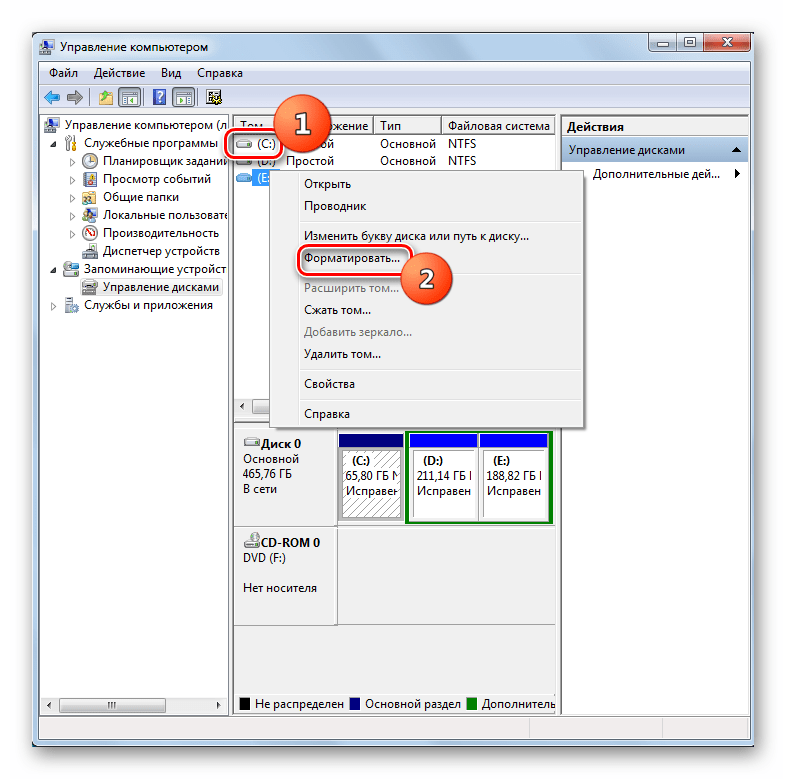 Переход к форматированию диска C с помощью инструмента Управление компьютером в Windows 7