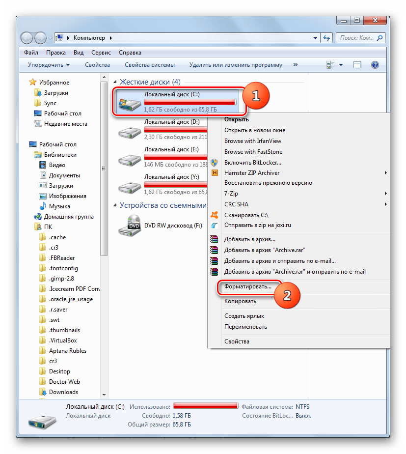 Переход к форматированию диска C в Проводнике в Windows 7