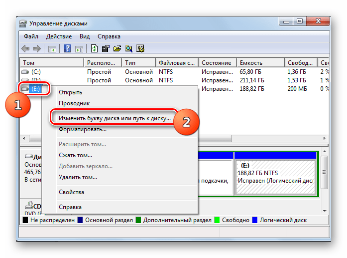 Переход к изменению буквы диска в окне управления дисками в Windows 7