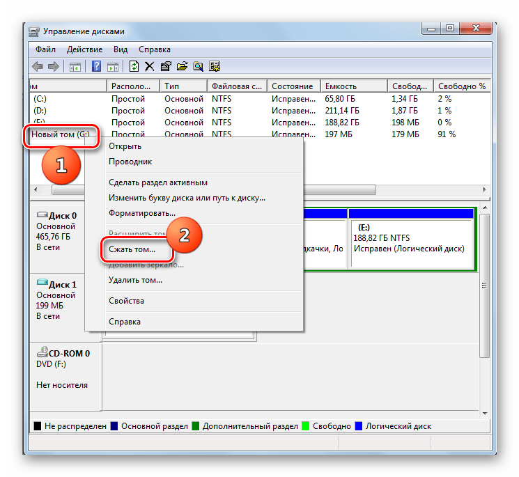 Переход к сжатию тома в окне управления дисками в Windows 7