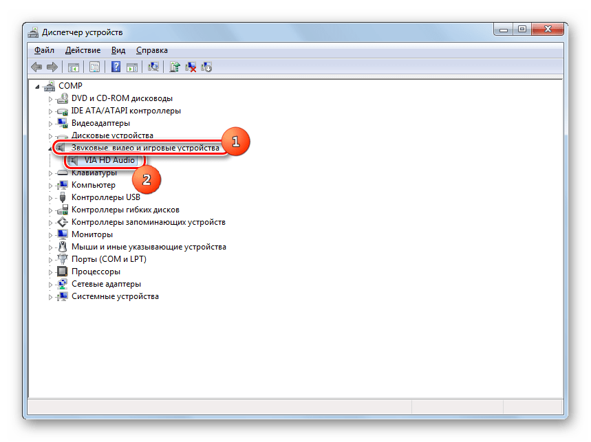 Переход в окно свойств звуковой карты в Диспетчере устройств в Windows 7