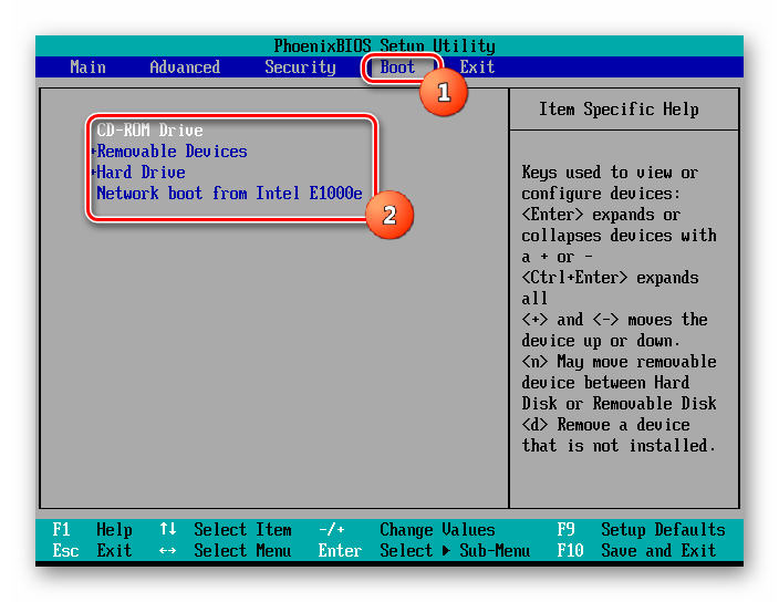 Переключение порядка загрузки системы с устройств в разделе Boot в BIOS компьютера