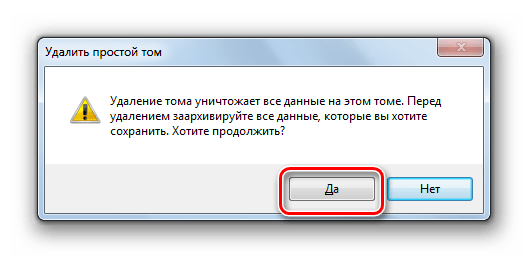 Подтверждение удаления тома в диалоговом окне в Windows 7