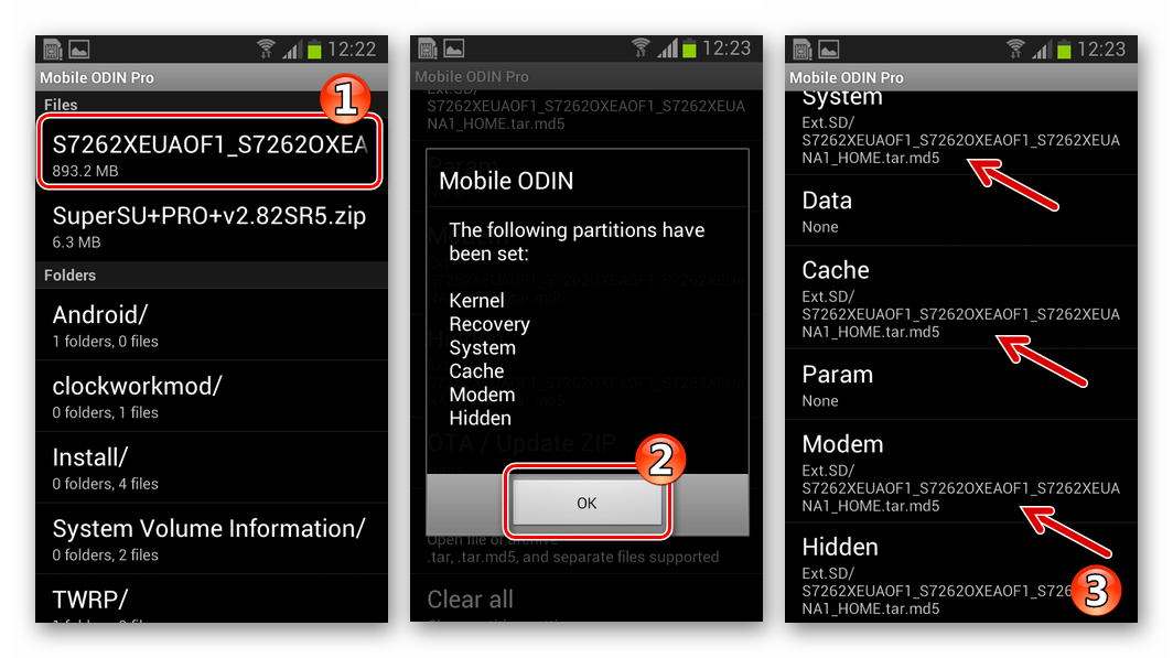 Samsung Galaxy Star Plus GT-S7262 MobileOdin выбор файла прошивки, подтверждение