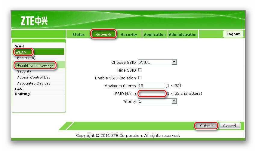 Установка имени беспроводной сети в ZTE ZXV10 H108L