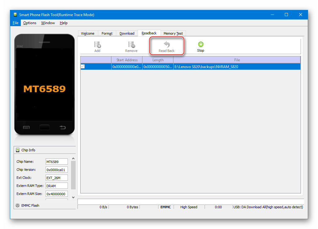 Lenovo S820 SP Flash Tool кнопка Read Back для вычитка дампа NVRAM