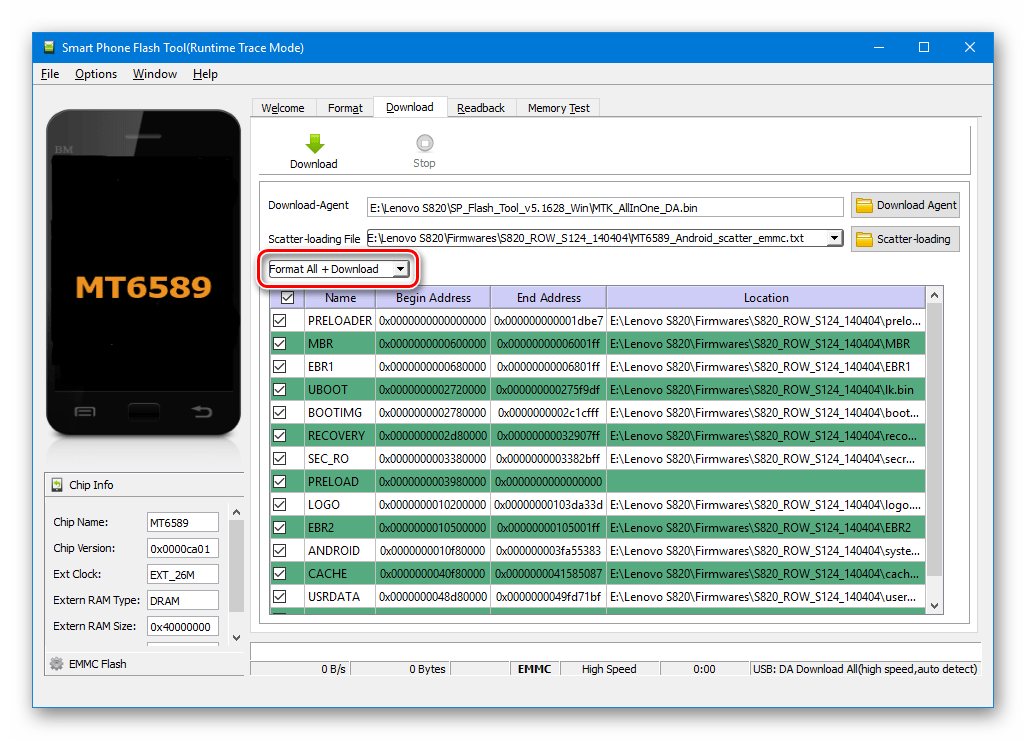Lenovo S820 SP Flash Tool режим Format All + Download для восстановления кирпичей