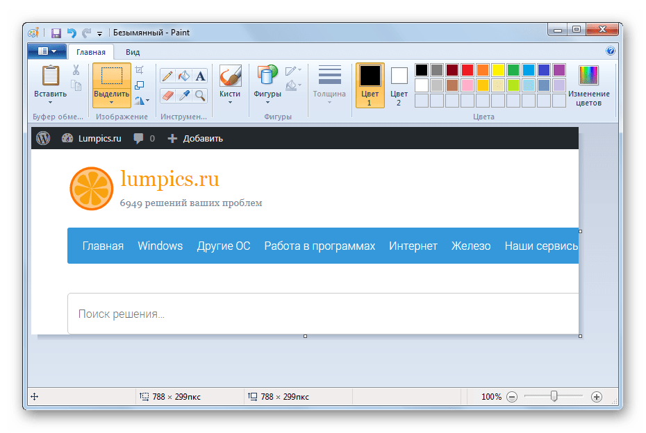 Обрезанная область в окне программы Paint в Windows 7