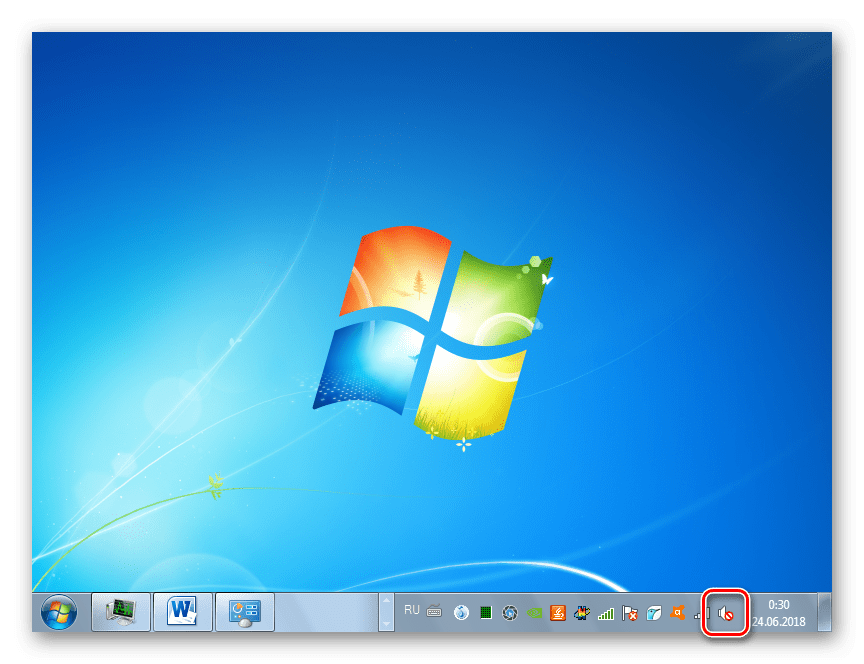 Perehod k vklyuchenieyu zvuka cherez znachok v oblasti uvedomleniy v Windows 7