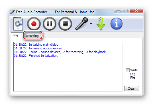 Переход во вкладку Recording в пограмме Free Audio Recorder в Windows 7