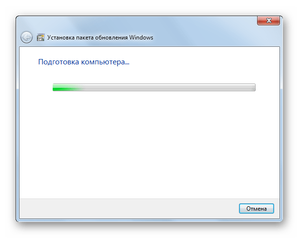 Подготовка компьютера к установке обновления в окне инсталлятора пакета Service Pack 1 в Windows 7