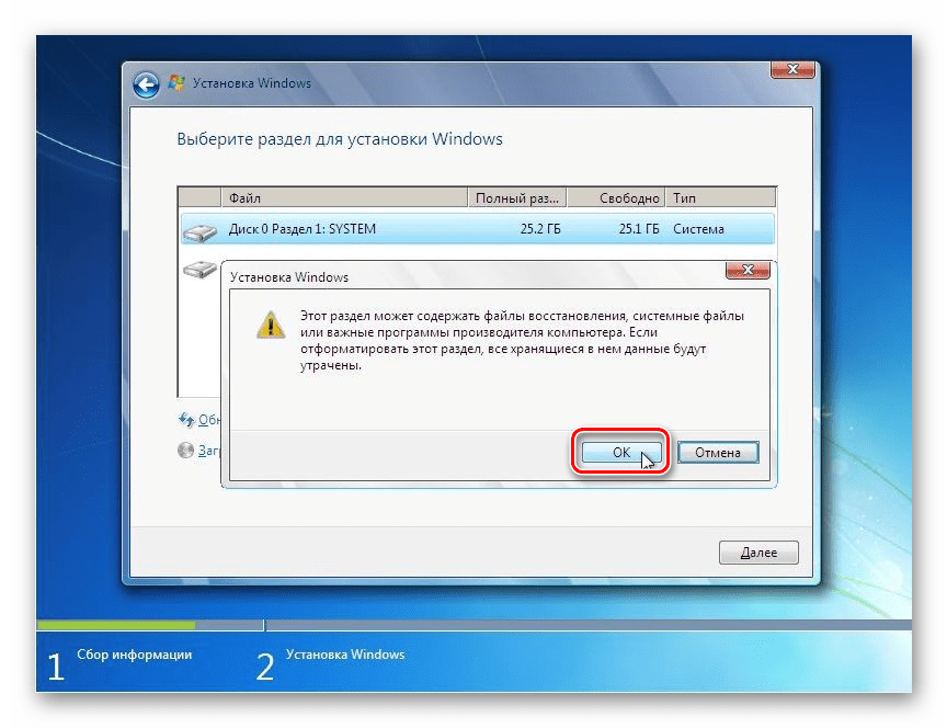 Подтверждение форматирования системного диска в диалоговом окошке в окне установки Windows 7