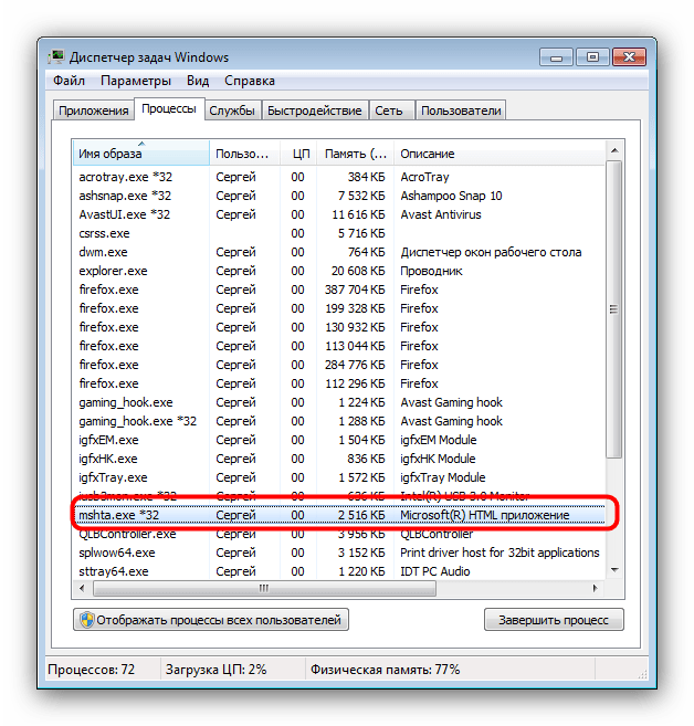 Protsess mshta.exe v Dispetchere zadach Windows