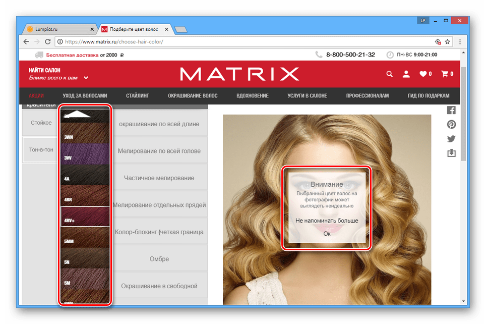 Выбор цвета волос на сайте MATRIX