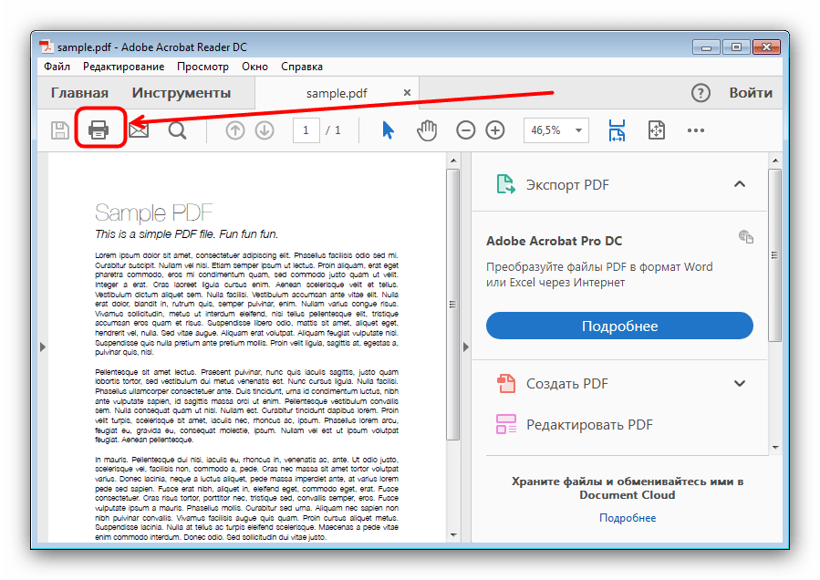 Выбрать печать PDF-документа в Acrobat Reader DC