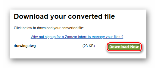 Загрузка DWG-файла с онлайн-сервиса Zamzar на компьютер