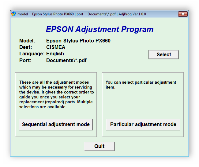 Главное окно программы EPSON Adjustment Program