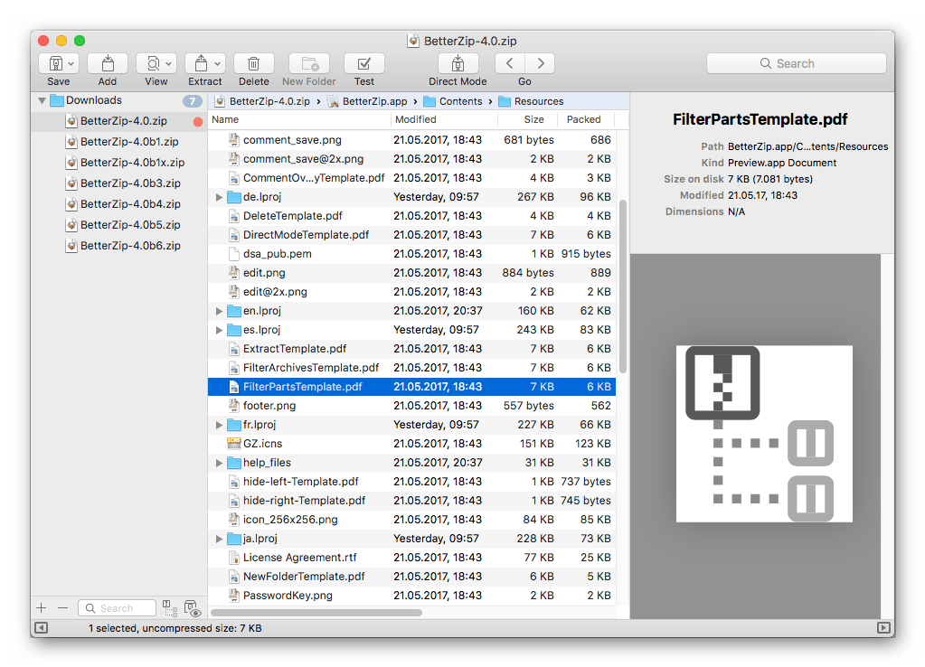 Интерфейс архиватора BetterZip для macOS