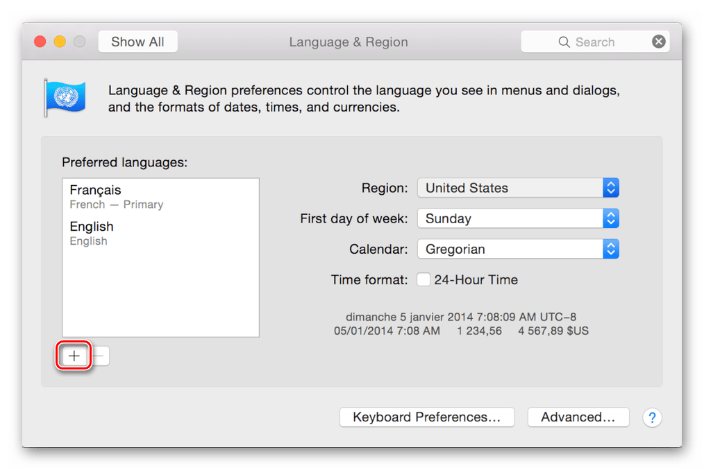 Кнопка добавления нового языка в разделе Language & Region на mac OS