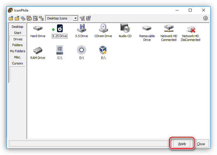 Применение изменений при установке иконок в программе IconPhile