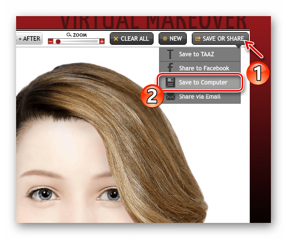 Скачивание готовой фотографии в память компьютера с онлайн-сервиса TAAZ Virtual Makeover