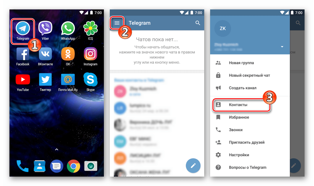 Telegram для Android Главное меню - Контакты
