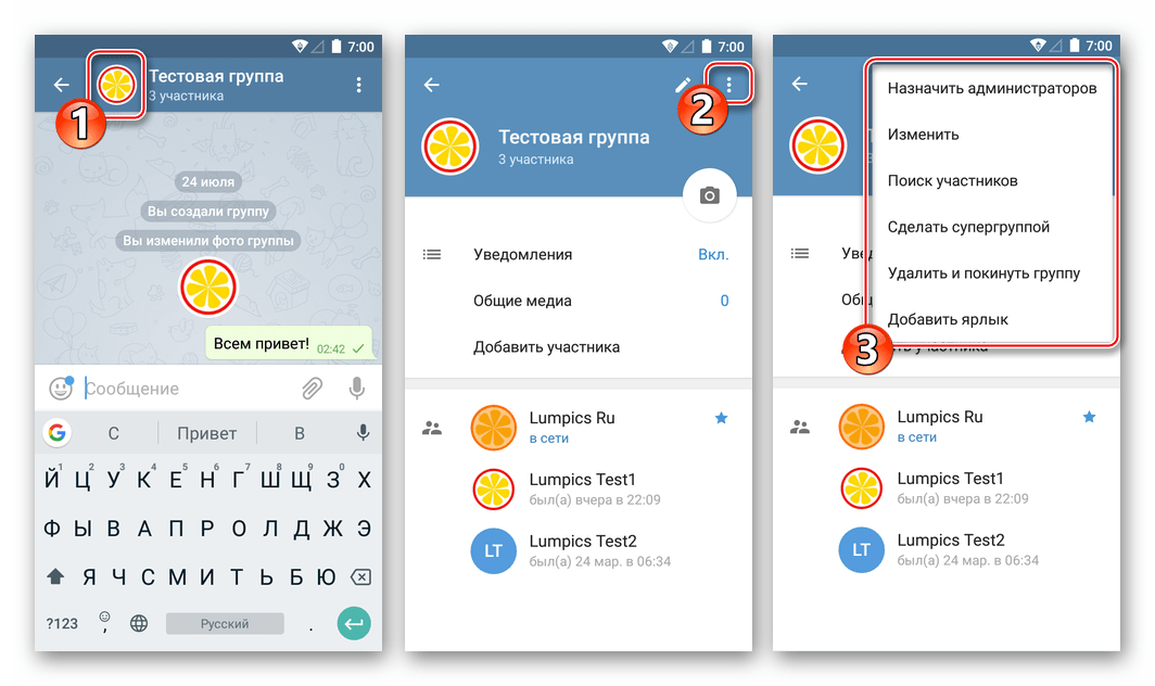 Telegram для Android Информация о группе, управление
