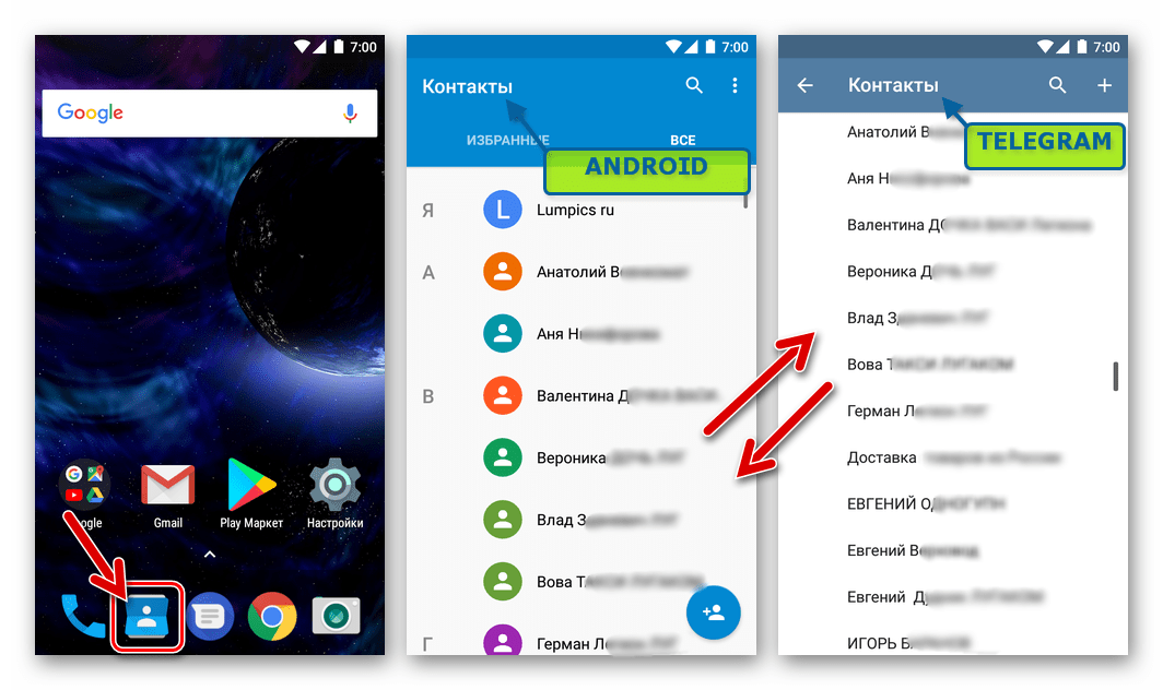 Telegram для Android синхронизация контактов ОС и мессенджера