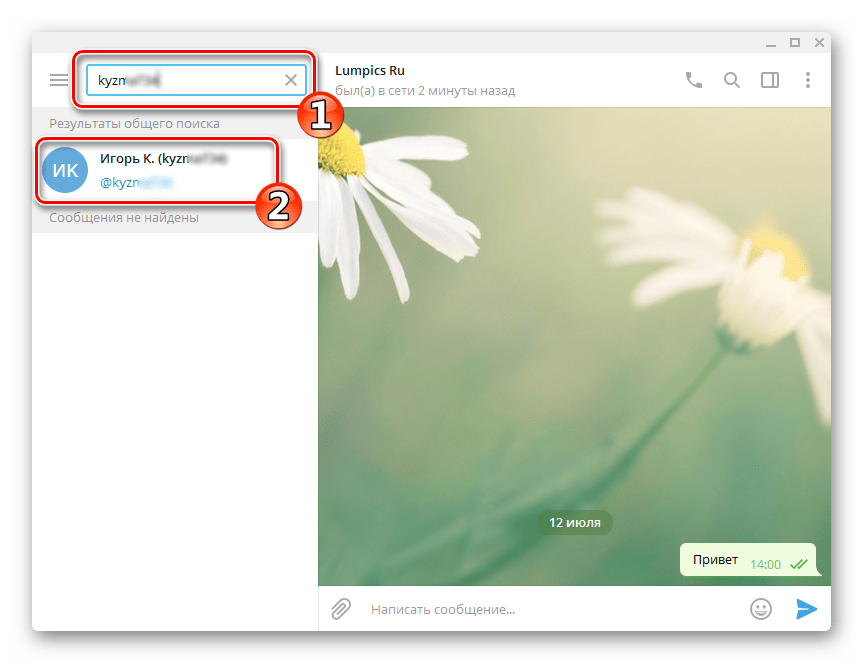 Telegram для ПК Windows поиск участника по публичному имени @username