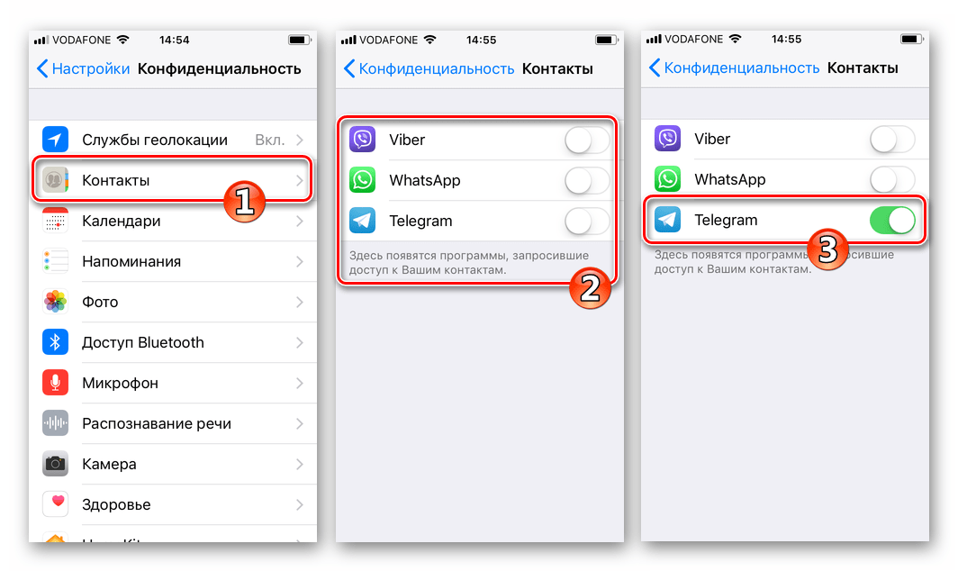 Telegram для iPhone активация доступа к Контактам в настройках iOS